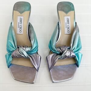 Jimmy Choo Avenue Knot Ombre Blue Teal Leather Sandal Slide Mules Kitten Heel 39
